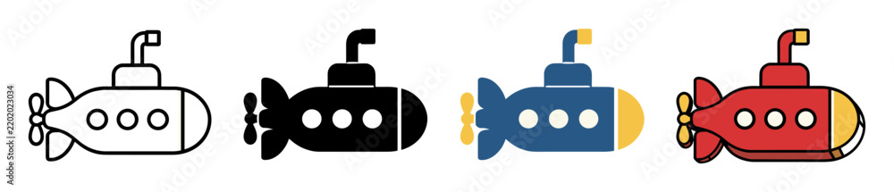 Fototapeta premium Submarine icons set in different graphic styles including outline silhouette flat and colorful cartoon designs for underwater exploration and marine travel concepts