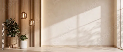 Panel kuchenny z motywem Wall mockup with slatted wood paneling, glowing glass pendant lamps, and potted indoor plants on a warm wooden floor, creating elegant copy space for art and poster presentations