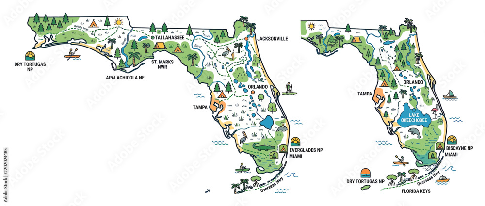 Obraz premium Illustrated Map of Florida with Tourist Attractions and Nature Icons