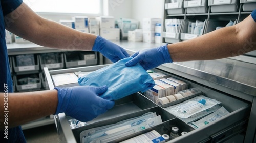 Medical professionals in blue gloves organizing sterile medical supplies in a hospital or clinic drawer