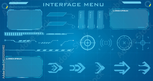 Plakat High Tech HUD Interface Panels and Menu Elements featuring futuristic graphic design elements and sci-fi displays