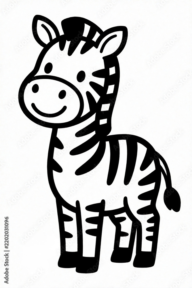 Fototapeta premium Cute cartoon zebra illustration for kids coloring page. Simple black outline animal with stripes on white background. Fun wildlife drawing for children activity. Printable preschool worksheet shows