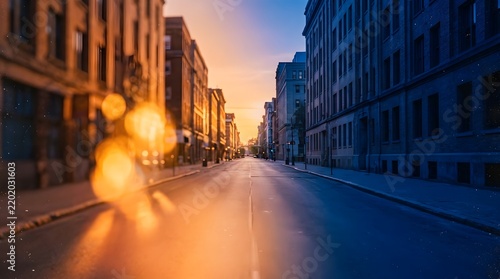 Urban city street during sunset with golden bokeh light and blue shadows ideal for city life background