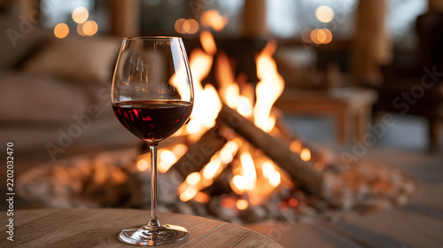Glass of Red Wine Resting Beside a Warm Fireplace