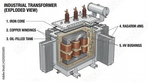 Exploded view diagram of an industrial transformer with labels