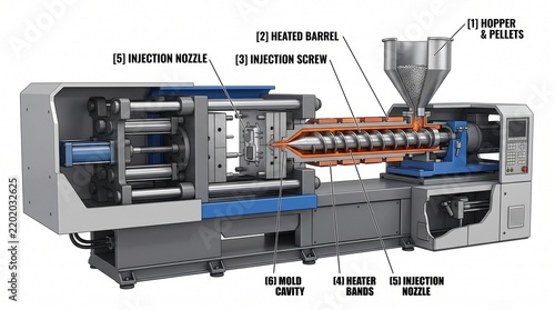 Diagram of an injection molding machine with labeled components