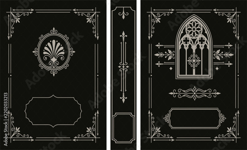 Gothic cathedral arch window book cover frame with ornate filigree for fantasy novels or historical archives.
