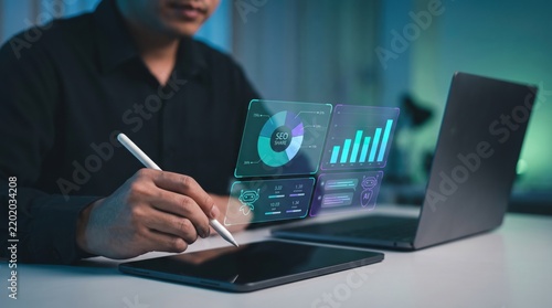 Businessman analyzes data using AI technology to work with tools, AI seo, search, Chat bot, smart robot technology and artificial intelligence concept. AI agent and workflow automation