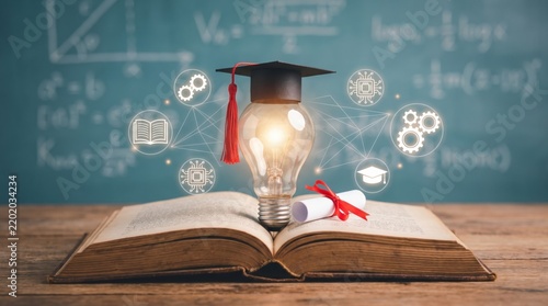 Education learning and Idea knowledge concepts innovative technology, science, and mathematics in school or university. Graduation cap with a lightbulb on the book and icon learning in the classroom.
