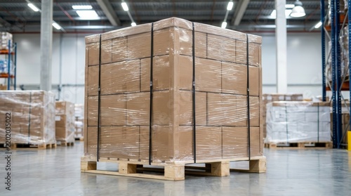A palletized load of wrapped cartons ensuring protection and stability in a logistics warehouse.