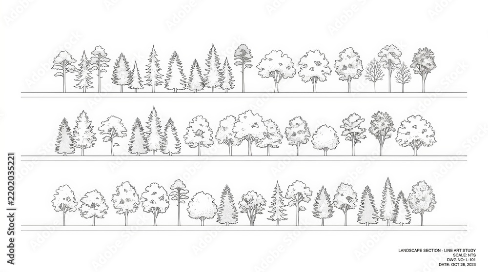 Obraz premium Architectural drawing of forest tree silhouettes and landscape plant outlines.