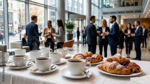 Catering table with delicious croissants and hot coffee during a business networking session.