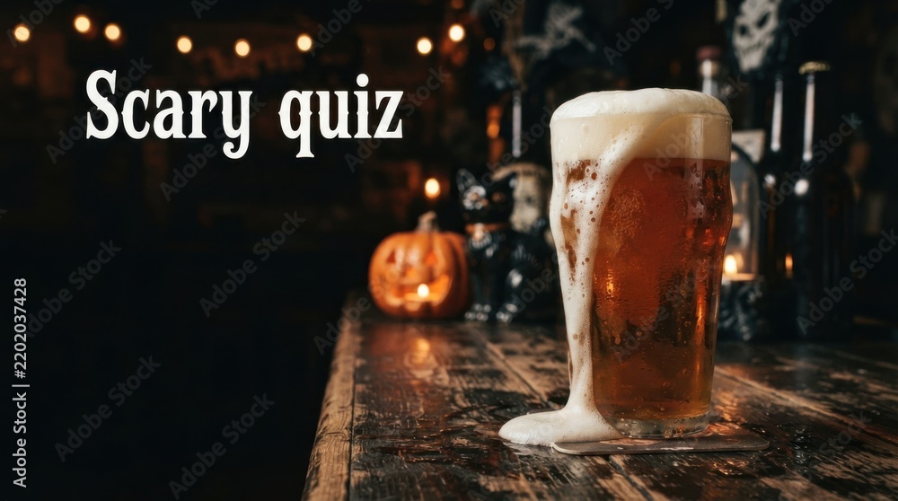 Obraz premium Beer Glass with Spilled Foam in Halloween Setting
