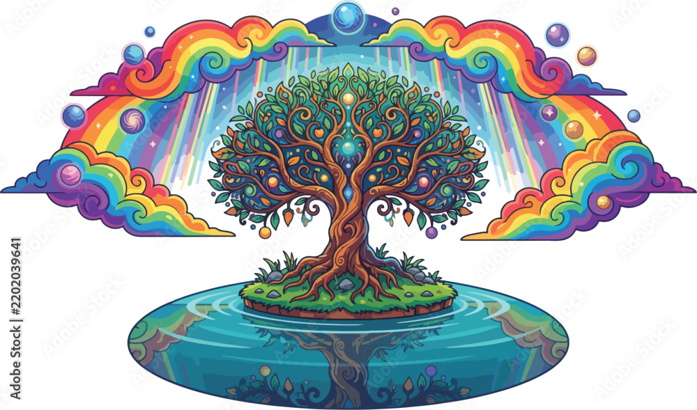 Obraz premium Enchanted Mystical Tree of Life Centered on a Glowing Pond Beneath a Vibrant Celestial Rainbow Arch Illustration