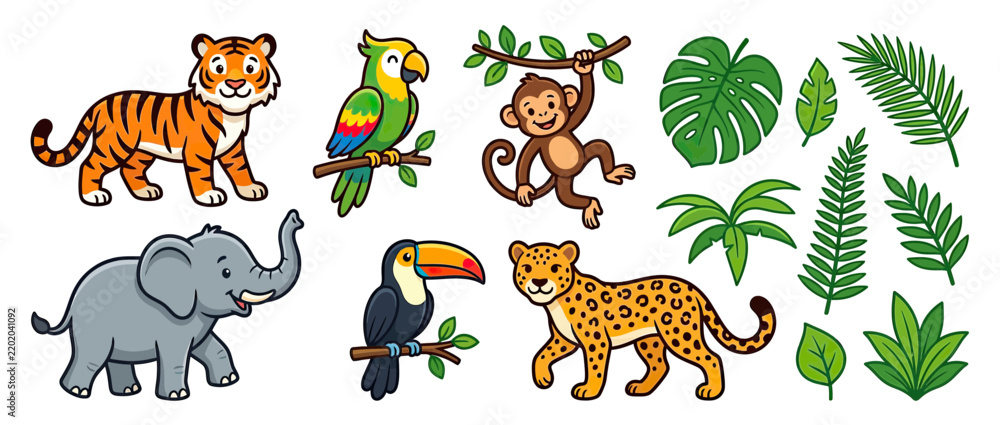 Obraz premium Cute cartoon jungle animals and tropical leaves, isolated