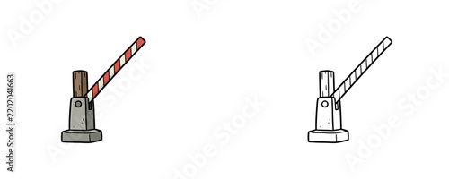 Crossing gate in cartoon flat and line style red white and grey colors representing railway barrier on white background