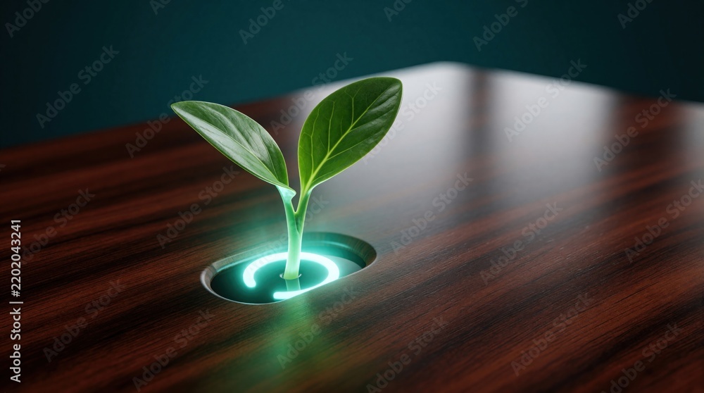Obraz premium Young plant sprouts from circular opening with neon glow on dark wooden surface. Concept of eco innovation and sustainable growth in tech business.