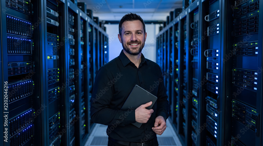 Fototapeta premium Professional IT technician holding a tablet in a modern server room
