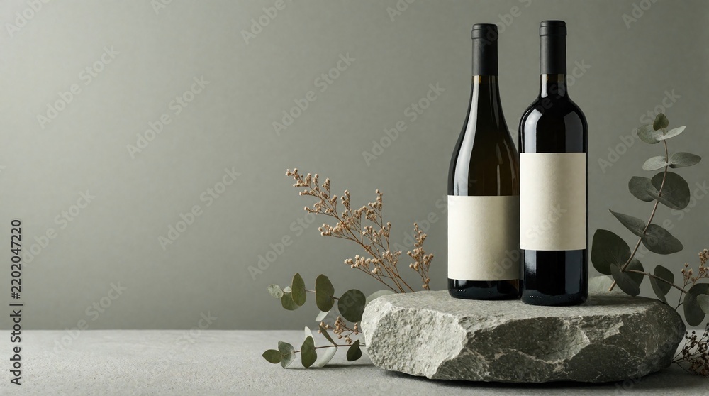 Obraz premium Blank wine bottle mockup on gray stone pedestal. Two glass bottles with empty paper labels stand near dried flowers, eucalyptus leaves. Minimalist product presentation for luxury alcohol branding