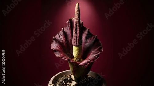 Exotic corpse flower blooming in a pot with a large dark purple petal and tall central spadix