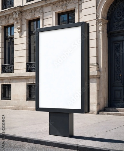 Blank Billboard on Building Facade: An empty digital billboard stands on a city sidewalk in front of an ornate, classic building, ready for advertising or public information.
