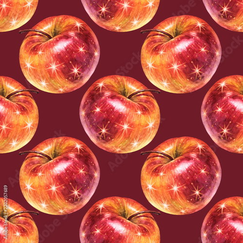 Watercolor seamless pattern with red apple and stars on vinous background. Autumn winter sweet food. Fruit for celebration dessert. Hand-drawn for cookbook or Christmas wallpaper or wrapping