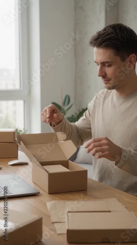 Man packing cardboard boxes for online store delivery, e-commerce fulfillment, small business logistics, shipping orders, and home office work.