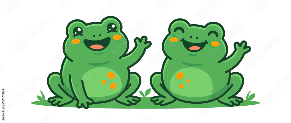 Obraz premium Cute cartoon frogs waving hello on transparent background