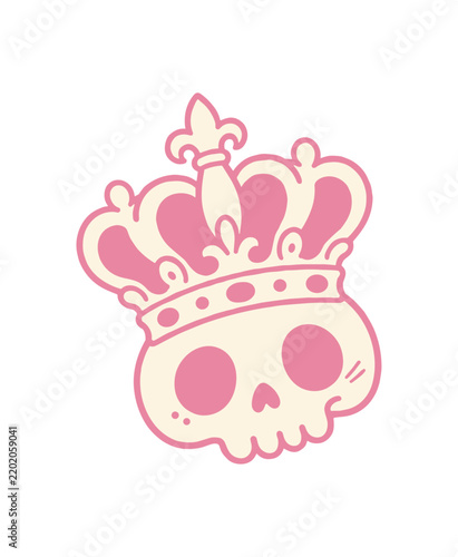 Pink Kawaii Skull Wearing Royal Crown Vector Illustration