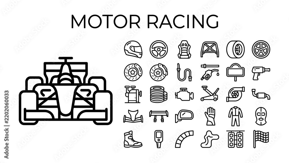 Fototapeta premium Motor Racing Icons: A collection of linear icons representing various elements of motor racing, including a formula 1 car, helmet, steering wheel, tires, engine, racing track, and checkered flag.