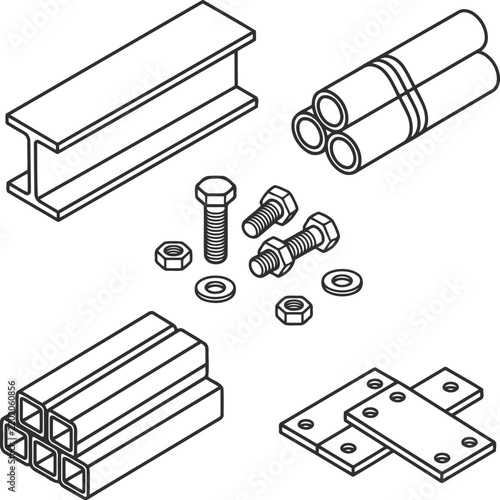Isometric set of metal construction materials including steel beams pipes bolts and flat plates