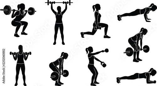 Set of black silhouettes showing a woman doing various gym exercises and weight lifting movements