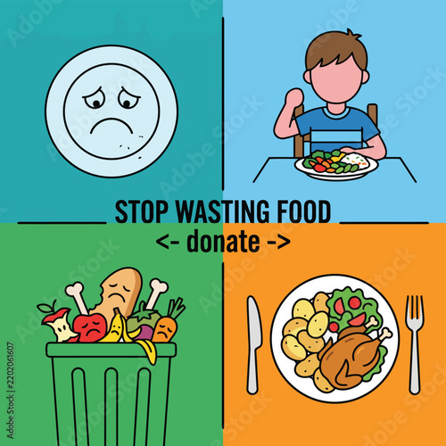 Stop wasting food infographic showing healthy eating and donating meals to help people in need
