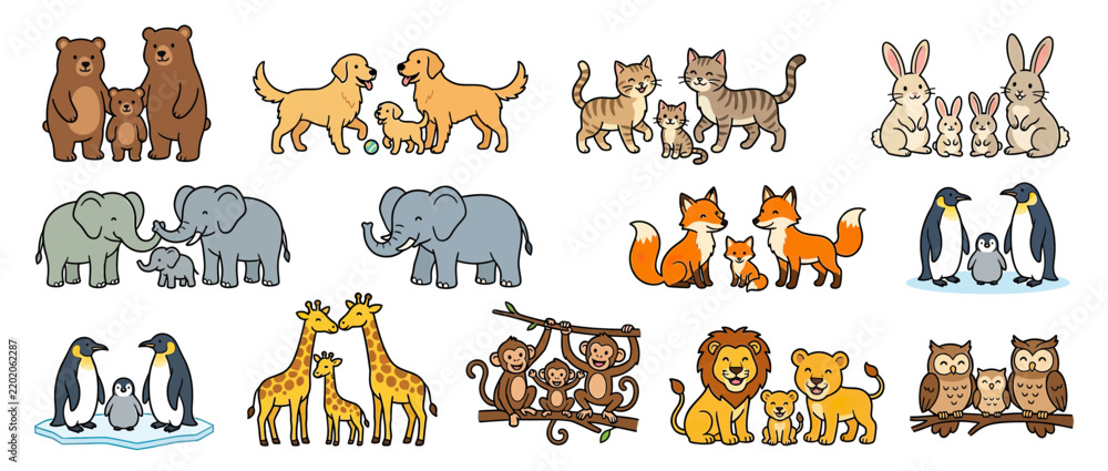 Obraz premium Cute Cartoon Animal Families Isolated Transparent Background