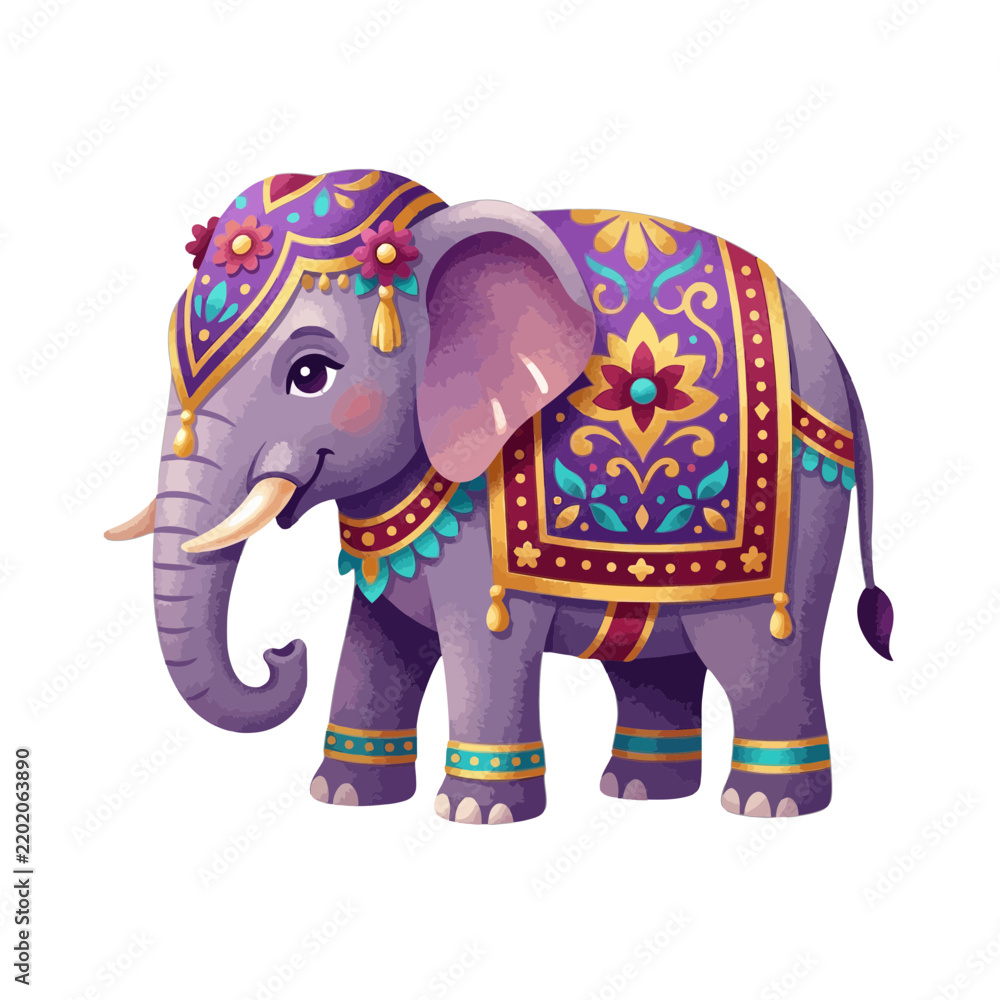 Fototapeta premium Charming Ornate Indian Elephant Illustration Adorned with Traditional Decorative Patterns and Floral Motifs in Vibrant Purple and Gold