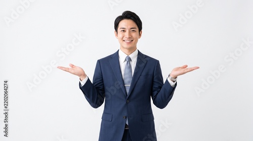 Smiling young Asian businessman gesturing welcomingly and presenting with open hands in white studio background