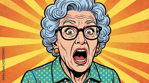 Shocked elderly woman with wide-open mouth and glasses, against a vibrant comic-style pop art background