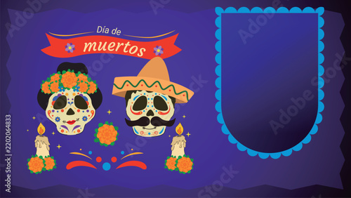 Mexican Day of the Dead Horizontal Banner with Sugar Skulls and Marigolds.