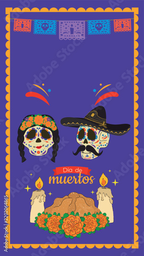 Mexican day of the dead poster with catrina, catrín, marigold flowers and pan de muerto.