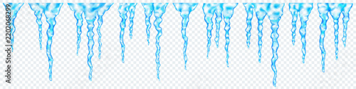 Groups of translucent light blue realistic icicles of different lengths, connected at the top, isolated on transparent background. Transparency only in vector format