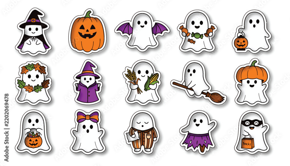 Fototapeta premium A delightful collection of halloween stickers featuring ghosts pumpkins witches and other spooky characters for festive decorations and crafting projects