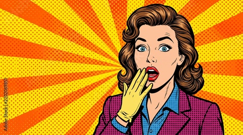 Surprised retro pop art woman with wide eyes and hand over mouth, reacting to shocking news or an unexpected revelation in a vibrant comic book illustration