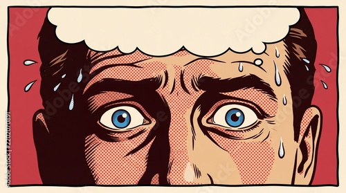 Close-up of a man's terrified face with wide blue eyes, sweat dripping from his forehead, and a thought bubble above his head, in a comic book art style
