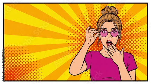 Pop art style shocked woman holding glasses with wide open mouth on yellow halftone banner background vector