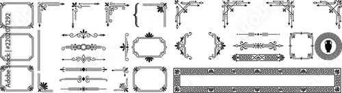 Greek key pattern borders and classical corner ornaments with amphora motifs for ancient themed projects.