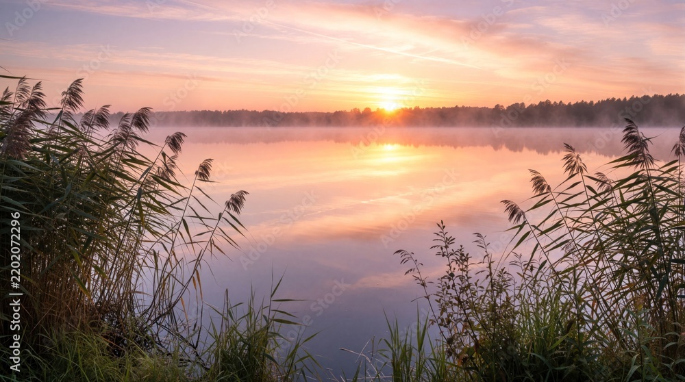 Obraz premium Calm lake at sunrise with mist rising and reeds in foreground. Pastel sky colors reflect on still water surface with distant forest horizon line.