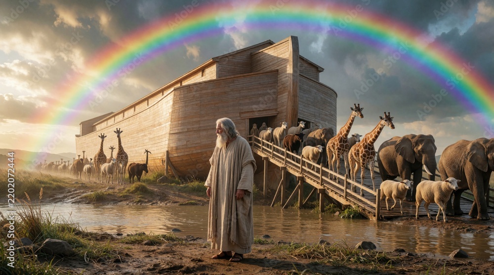Obraz premium Old man Noah stands near massive wooden ark after great flood. Diverse wild animals walk down ramp into nature. Vibrant rainbow arches across cloudy sky above land, water. Biblical story shows faith,