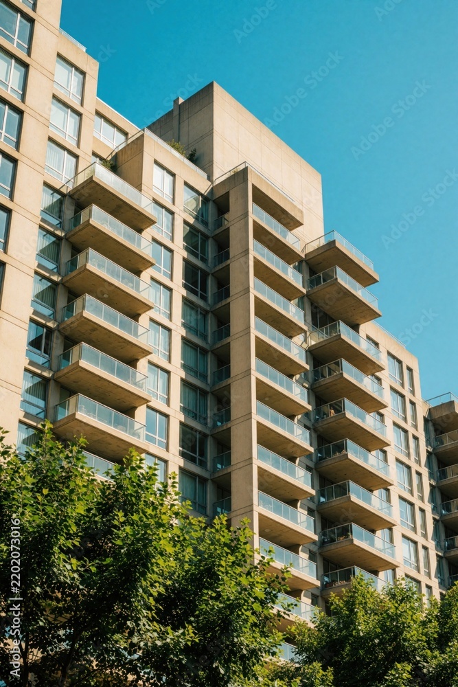 Fototapeta premium Modern apartment block with concrete balconies, glass railings. High rise residential building stands under clear blue sky. Green trees grow in front of urban housing structure. Contemporary city