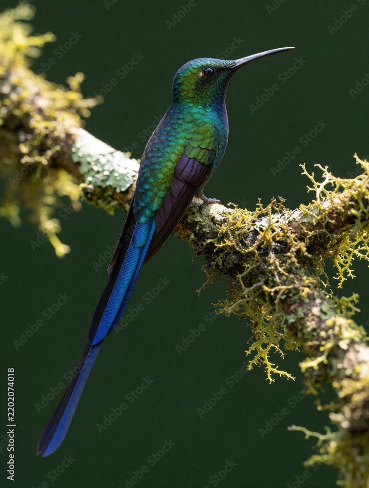 Obraz premium Male long tailed sylph hummingbird perches on mossy branch. Bird has iridescent green feathers and long blue tail. Tiny avian rests on tree limb in forest setting.