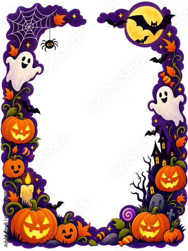Vertical Halloween Border Frame With Ghosts Pumpkins and Spider Webs